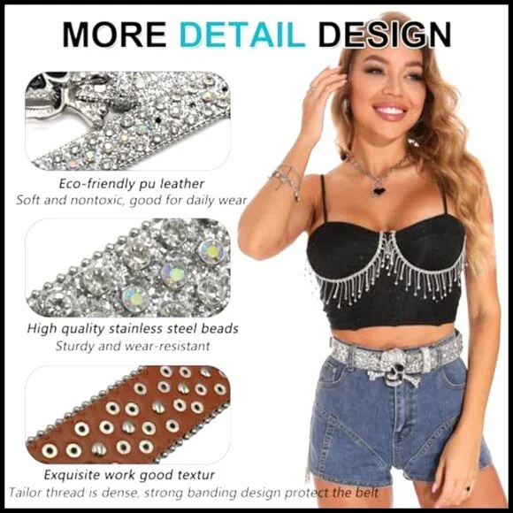Rhinestone Skull Belt Punk Studded Western Adjustable Leather Y2K Unisex Red Studded Rhinestone Belt Skull Western Punk Goth  main image 3